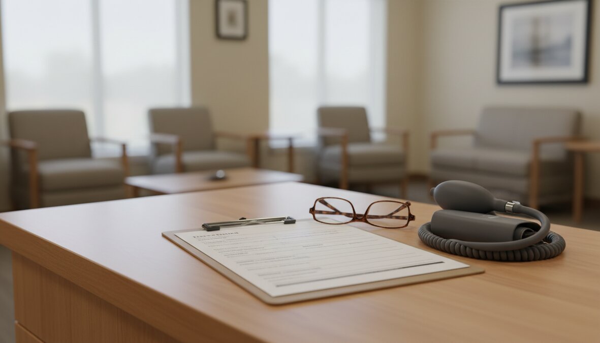Pre-admission testing clipboard with intake forms and blood pressure cuff on a clean medical desk